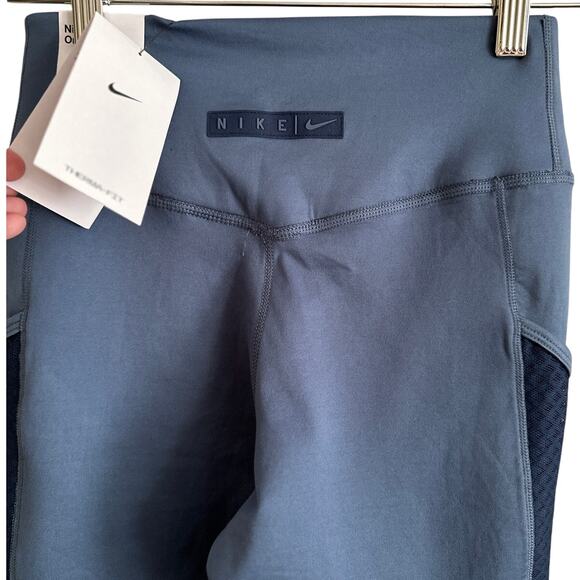 Nike Therma-FIT Mid Rise Leggings XS NWT Blue Mesh Panel Full Length - Picture 2 of 9